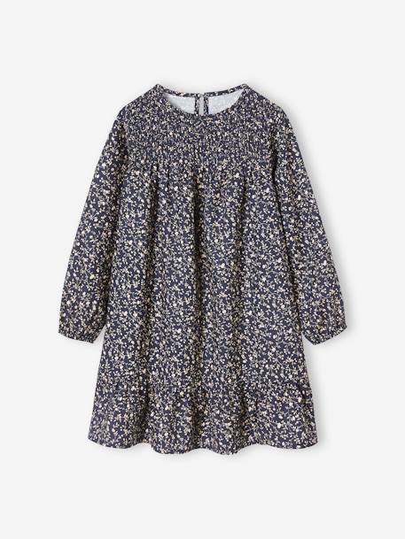 Robe à smocks motifs fleurs fille manches longues marine+moutarde 1 - vertbaudet enfant 