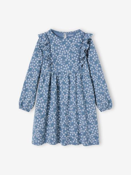 Robe imprimée fleurs fille manches volantées bleu grisé+écru+vieux rose 1 - vertbaudet enfant 