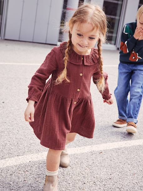 Robe à collerette en gaze de coton fille - chocolat