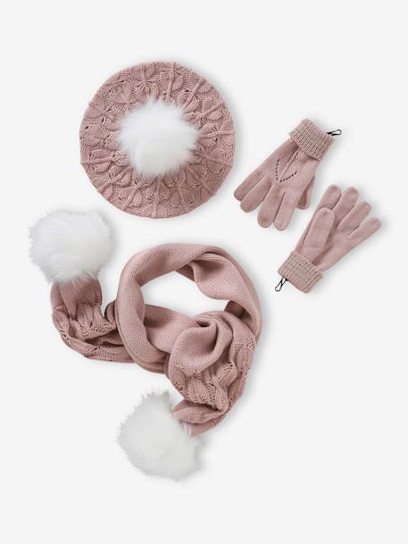 Ensemble bonnet + snood + gants ou moufles en maille torsadée fille - écru