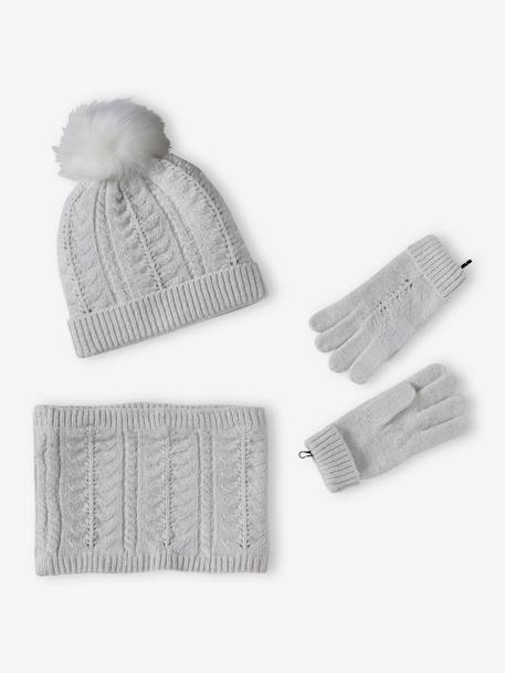 Ensemble bonnet + snood + gants ou moufles en maille torsadée fille écru+moutarde 2 - vertbaudet enfant 