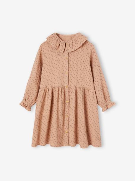 Robe à collerette en gaze de coton fille beige poudré+chocolat 1 - vertbaudet enfant 