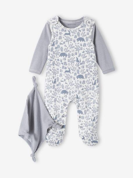 Ensemble naissance 3 pièces : combinaison + body + doudou en coton bio bleu jean+rose poudré 1 - vertbaudet enfant 