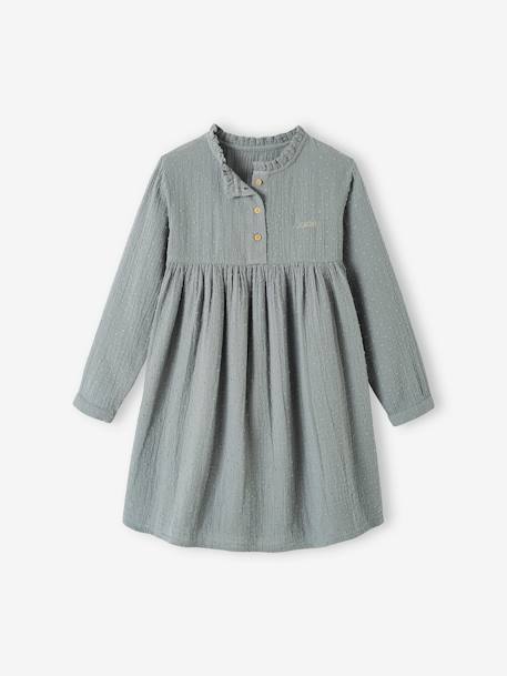 Robe en gaze de coton détails fantaisie fille beige+bleu grisé+bordeaux imprimé+rouge+vert imprimé 6 - vertbaudet enfant 