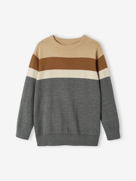 Pull colorblock rayé garçon maille fine gris chiné+RAYE ECRU+vert sapin 1 - vertbaudet enfant 