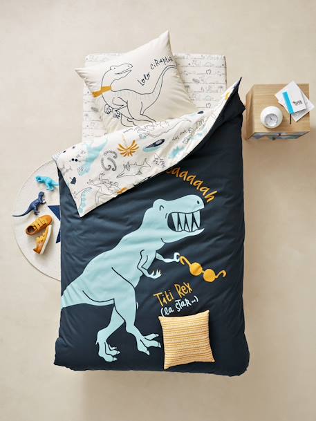 Parure réversible housse de couette + taie d'oreiller enfant DINO RAMA bleu encre imprimé 2 - vertbaudet enfant 