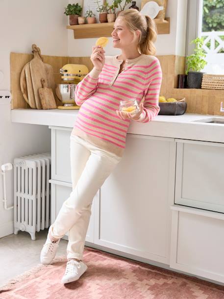 Pull rayé col tunisien grossesse et allaitement beige poudré 3 - vertbaudet enfant 