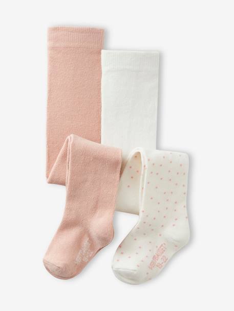 Lot de 2 paires de collants à pois/unis bébé fille rose poudré 1 - vertbaudet enfant 