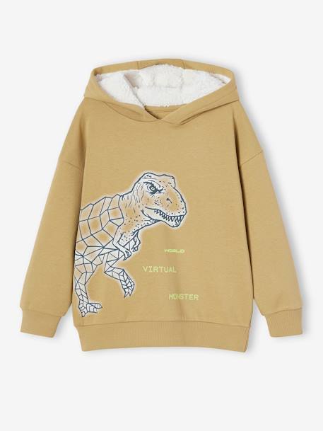 Sweat motif dinosaure garçon capuche doublée sherpa olive 2 - vertbaudet enfant 