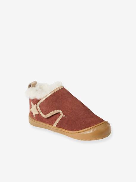 Chaussons fourrés scratchés bébé en cuir souple vieux rose 1 - vertbaudet enfant 