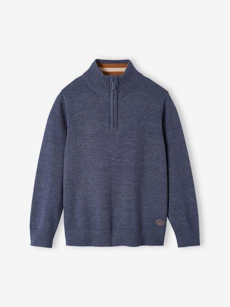 Pull col montant zippé garçon bleu chiné+vert sapin 1 - vertbaudet enfant 