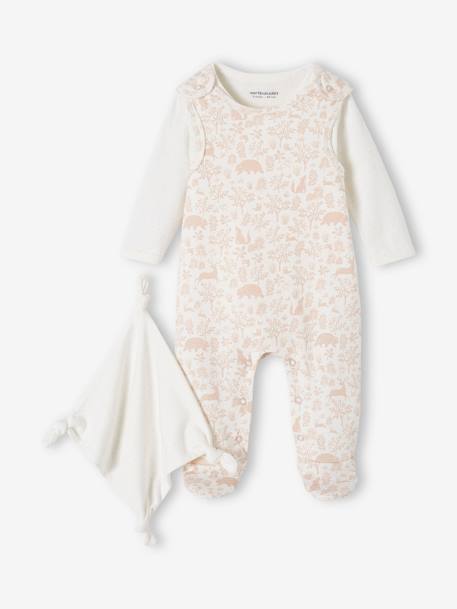 Bébé-Ensemble naissance 3 pièces : combinaison + body + doudou en coton bio