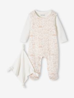 -Ensemble naissance 3 pièces : combinaison + body + doudou en coton bio