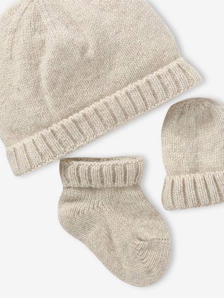 Ensemble naissance en tricot bonnet + moufles + chaussons beige chiné+noisette 5 - vertbaudet enfant 