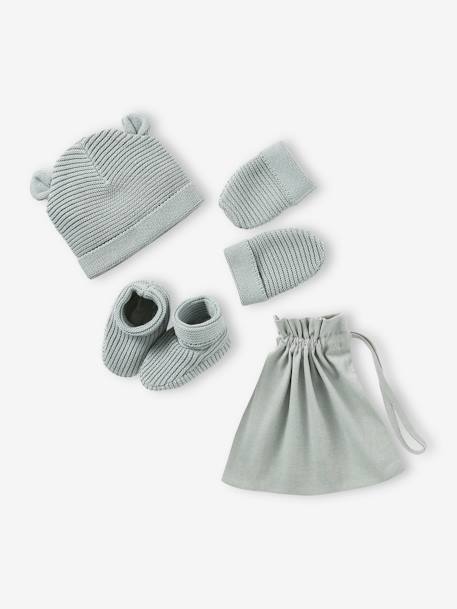 Bébé-Accessoires-Bonnet, écharpe, gants-Ensemble bonnet, moufles et chaussons bébé naissance et son sac assorti