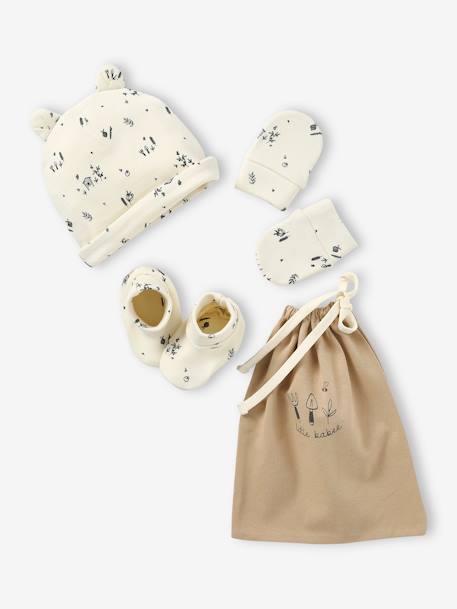 Bébé-Accessoires-Ensemble naissance bonnet + moufles + chaussons + pochon