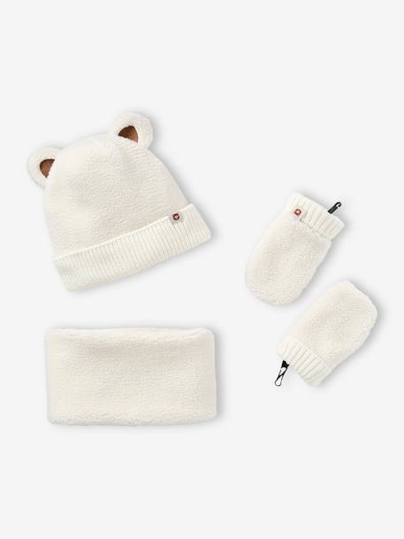 Ensemble 'Bear Mood' bébé garçon bonnet + snood + moufles en sherpa écru 1 - vertbaudet enfant 