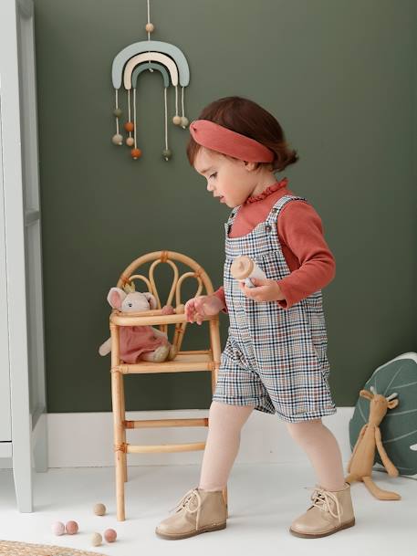 Ensemble bébé salopette courte à carreaux, T-shirt en côtes uni et son bandeau assorti  - vertbaudet enfant