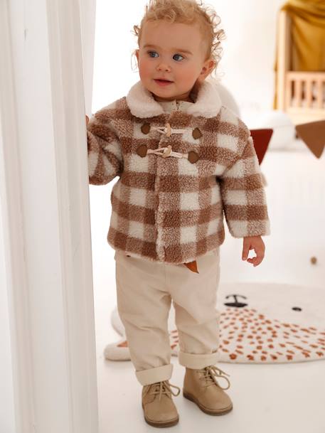 Manteau en fausse fourrure bébé à carreaux carreaux beige 1 - vertbaudet enfant 