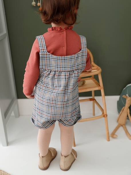 Ensemble bébé salopette courte à carreaux, T-shirt en côtes uni et son bandeau assorti vieux rose 11 - vertbaudet enfant 