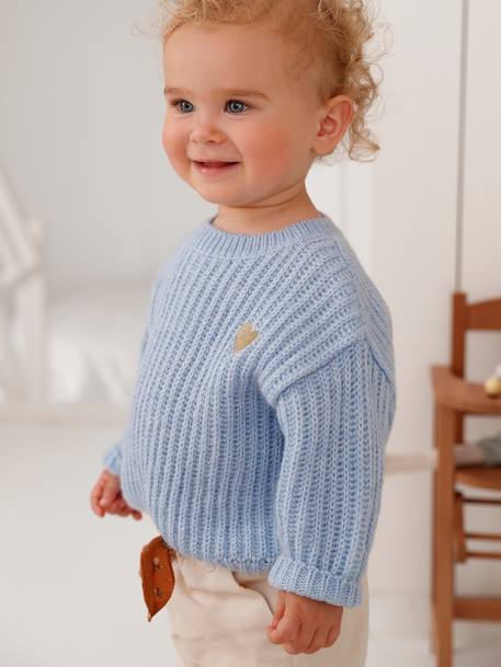 Pull tricot bébé coeur doré bleu ciel+ivoire 1 - vertbaudet enfant 