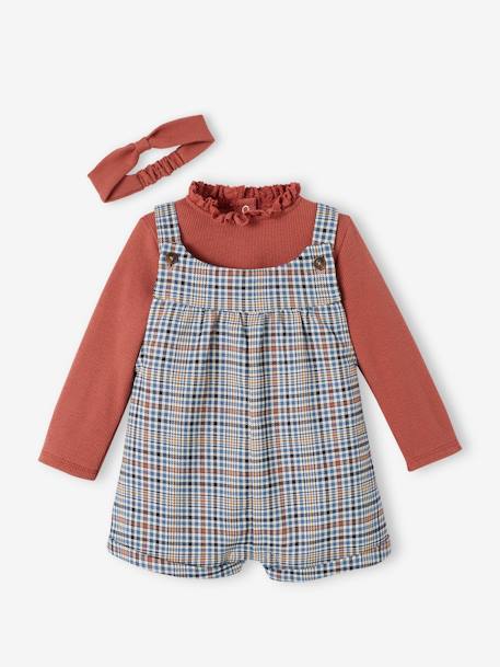 Ensemble bébé salopette courte à carreaux, T-shirt en côtes uni et son bandeau assorti vieux rose 2 - vertbaudet enfant 