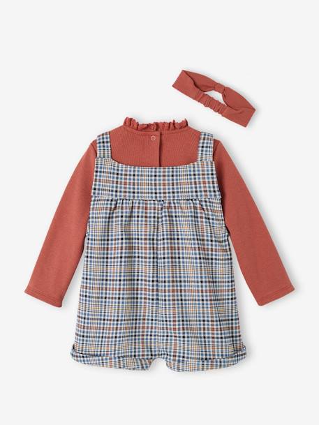 Ensemble bébé salopette courte à carreaux, T-shirt en côtes uni et son bandeau assorti vieux rose 6 - vertbaudet enfant 