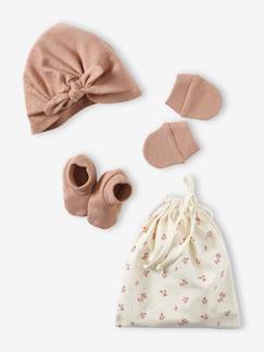 -Ensemble naissance fille bonnet + moufles + chaussons + pochon