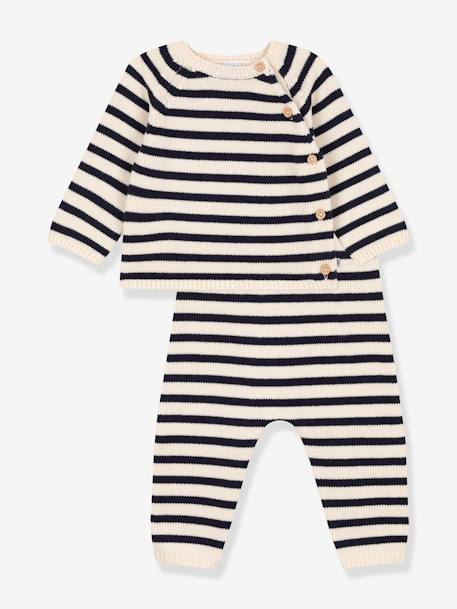 Ensemble en tricot laine et coton rayure marinière bébé PETIT BATEAU beige imprimé 1 - vertbaudet enfant 