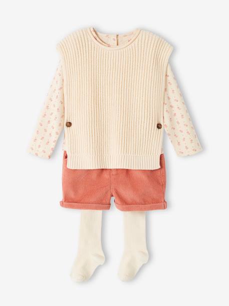 Ensemble 4 pièces bébé : T-shirt + short + pull + collant vieux rose 3 - vertbaudet enfant 