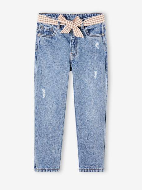 Fille-Pantalon-Jean droit avec sa ceinture vichy à nouer fille waterless