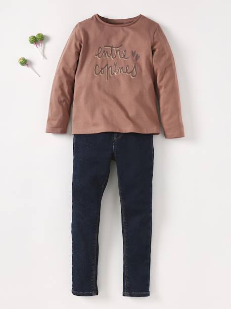 Tee-shirt à message Basics fille bleu grisé+bois de rose+bronze+marron foncé+violet 7 - vertbaudet enfant 