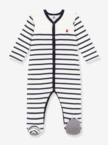 Pyjama bébé rayé en velours PETIT BATEAU blanc imprimé 1 - vertbaudet enfant 