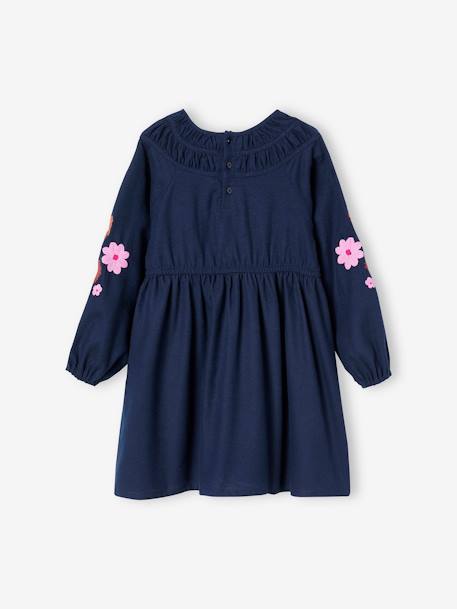 Robe manches longues brodées fleurs fille bleu nuit 2 - vertbaudet enfant 