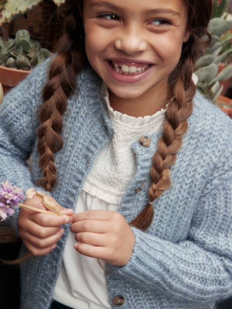 Gilet loose en maille mousseuse fille bleu pétrole+écru+gris chiné+rose bonbon+rouge 2 - vertbaudet enfant 