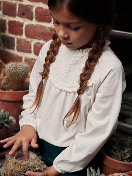 Tee-shirt blouse détail en broderie anglaise fille écru+rose poudré+vert foncé+vieux rose 1 - vertbaudet enfant 