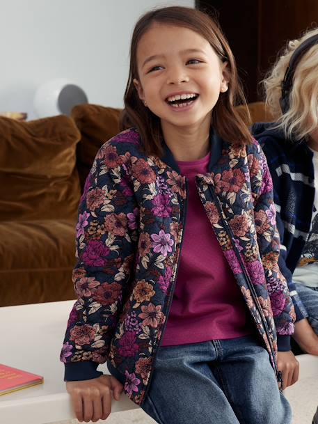 Blouson matelassé style bomber motifs fleurs fille bleu nuit 5 - vertbaudet enfant 