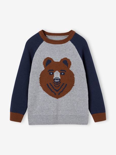 Pull jacquard ours garçon manches raglan gris chiné 2 - vertbaudet enfant 