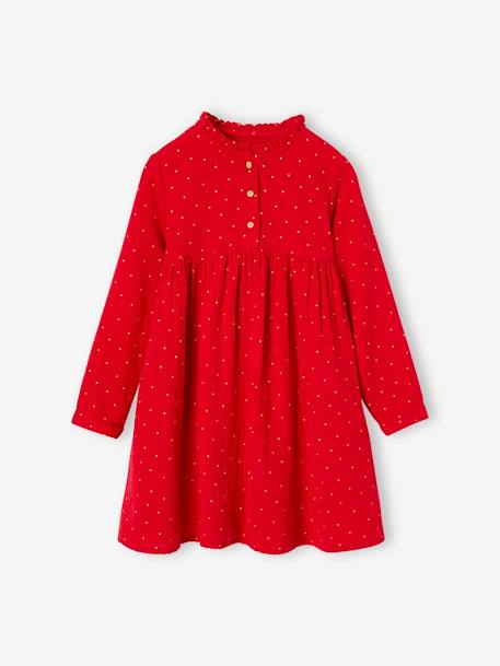 Robe en gaze de coton détails fantaisie fille beige+bordeaux imprimé+rouge+vert imprimé 10 - vertbaudet enfant 