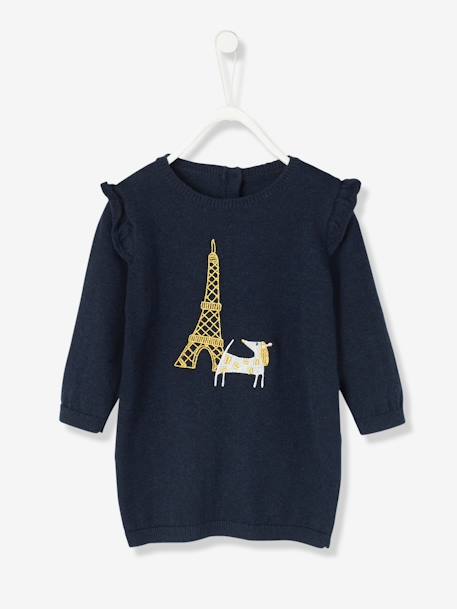 Robe bébé en tricot brodé chien Bleu foncé 1 - vertbaudet enfant 