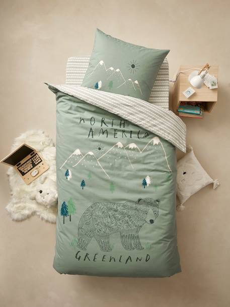 Parure housse de couette + taie d'oreiller avec coton recyclé NOMAD vert imprimé 1 - vertbaudet enfant 