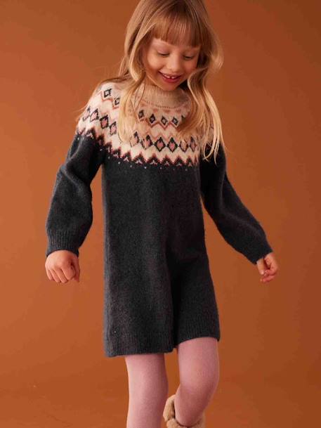 Robe jacquard en tricot fille bleu nuit+vert de gris 2 - vertbaudet enfant 