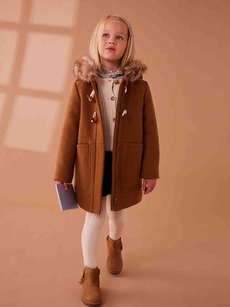 Duffle-coat à capuche en drap de laine fille fermé par brandebourgs camel+encre 1 - vertbaudet enfant 