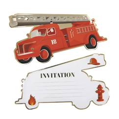 Jouet-Matériel scolaire-Party Pro - 8 Cartes d'invitation camion de pompier 17 x 9,5 cm - Rouge