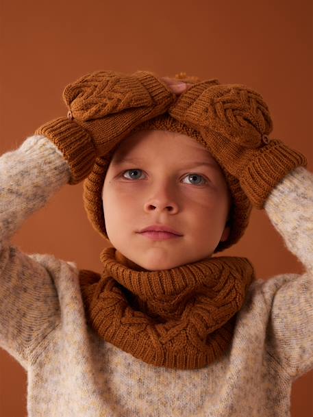 Ensemble bonnet + snood + moufles/mitaines en maille torsadée garçon ocre+vert sapin 3 - vertbaudet enfant 