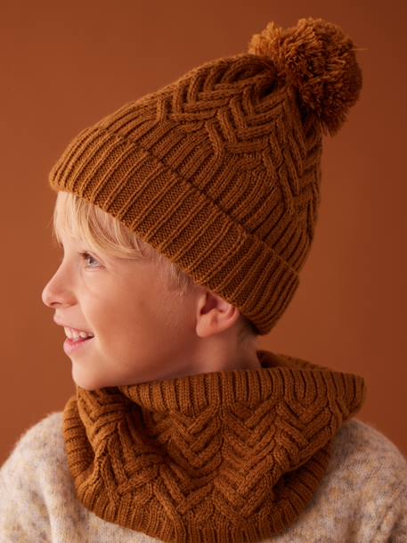 Ensemble bonnet + snood + moufles/mitaines en maille torsadée garçon ocre+vert sapin 2 - vertbaudet enfant 