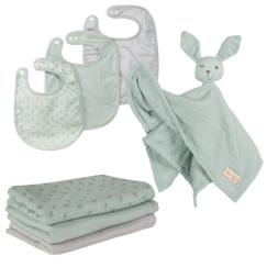 ROBA Coffret Bébé Lil Planet - 7 PCS - 3 Bavoirs + 1 Doudou + 3 Langes - Cadeau de Naissance - Vert Givré / Gris  - vertbaudet enfant