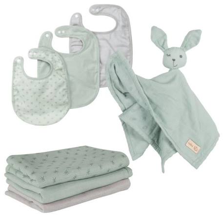 Bébé-Ensemble-ROBA Coffret Bébé Lil Planet - 7 PCS - 3 Bavoirs + 1 Doudou + 3 Langes - Cadeau de Naissance - Vert Givré / Gris