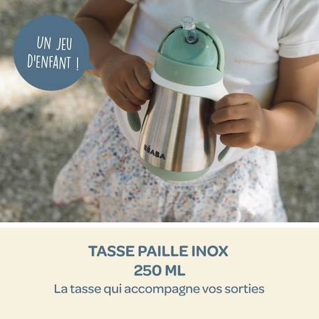 BEABA, Biberon/Tasse d'apprentissage/Gourde Bébé 2 en 1, Tasse Paille Enfant, Inox 100% étanche, Anti-fuite, 250ml, Vert sauge VERT 4 - vertbaudet enfant 