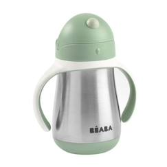 Puériculture-Repas-BEABA, Biberon/Tasse d'apprentissage/Gourde Bébé 2 en 1, Tasse Paille Enfant, Inox 100% étanche, Anti-fuite, 250ml, Vert sauge